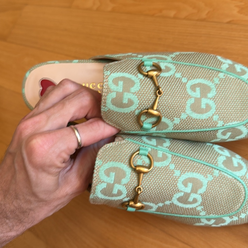 NEW Gucci Princetown Jumbo GG seafoam monogram mules - Picture 5 of 11